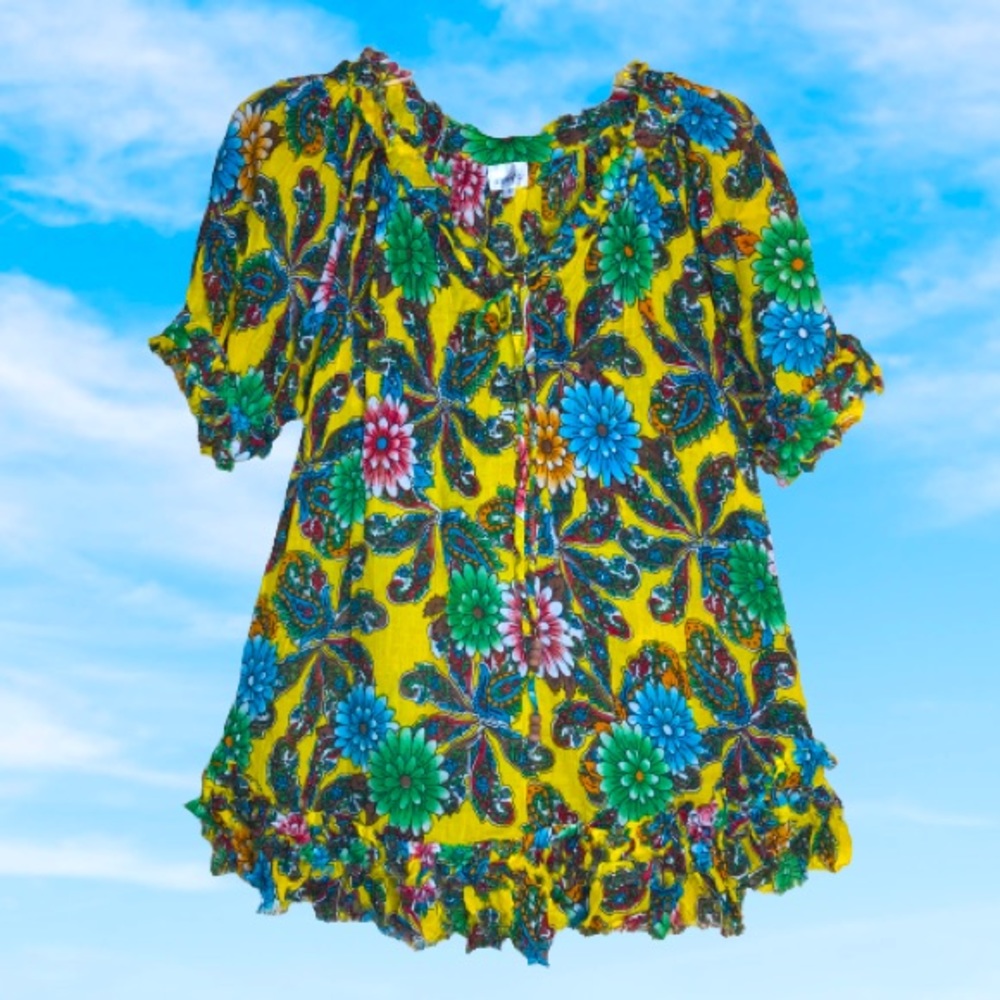 ADRIFT yellow blouse with bright colored florals